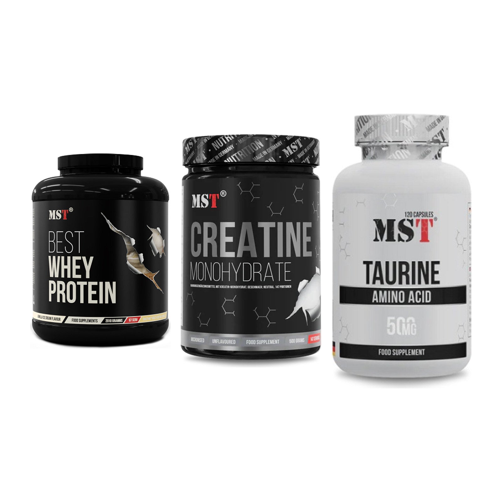 MST Marken-Trio: Best Whey Protein + Creatin Monohydrate + Taurine – alle enthaltenen Artikel