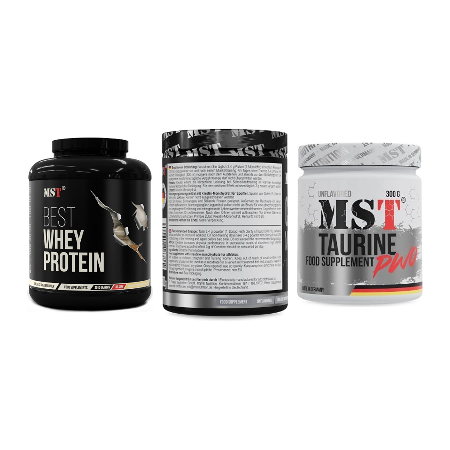 MST Marken-Trio: Best Whey + Creatin Monohyd + Taurine – alle enthaltenen Artikel