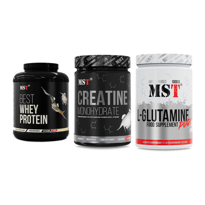 MST Marken-Trio: Best Whey Protein + Creatin Monohydrate + Glutamine – alle enthaltenen Artikel