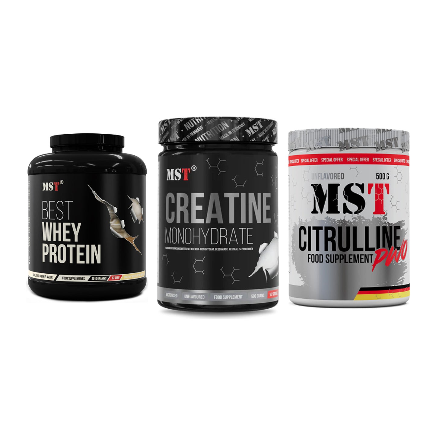 MST Marken-Trio: Best Whey + Creatin Monohyd + Citrulline – alle enthaltenen Artikel