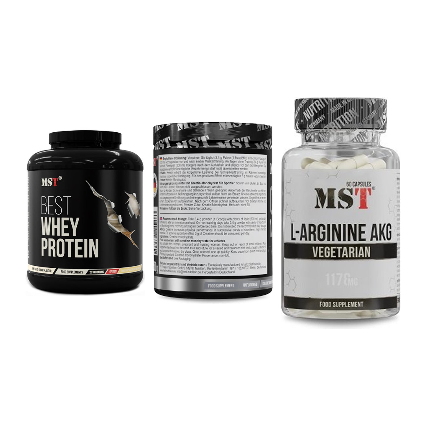 MST Marken-Trio: Best Whey + Creatin Monohyd + Arginin AAKG – alle enthaltenen Artikel