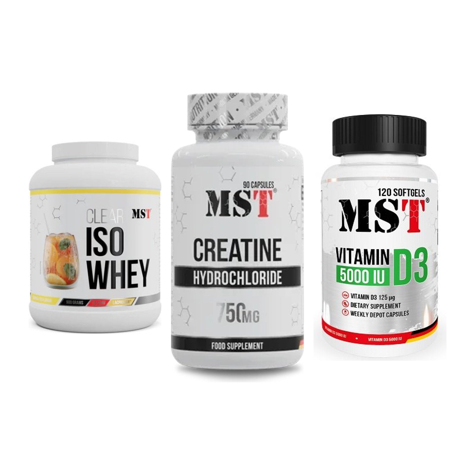 MST Marken-Trio: Iso Clear 900g + Creatin HCL + Vitamin D3 – alle enthaltenen Artikel