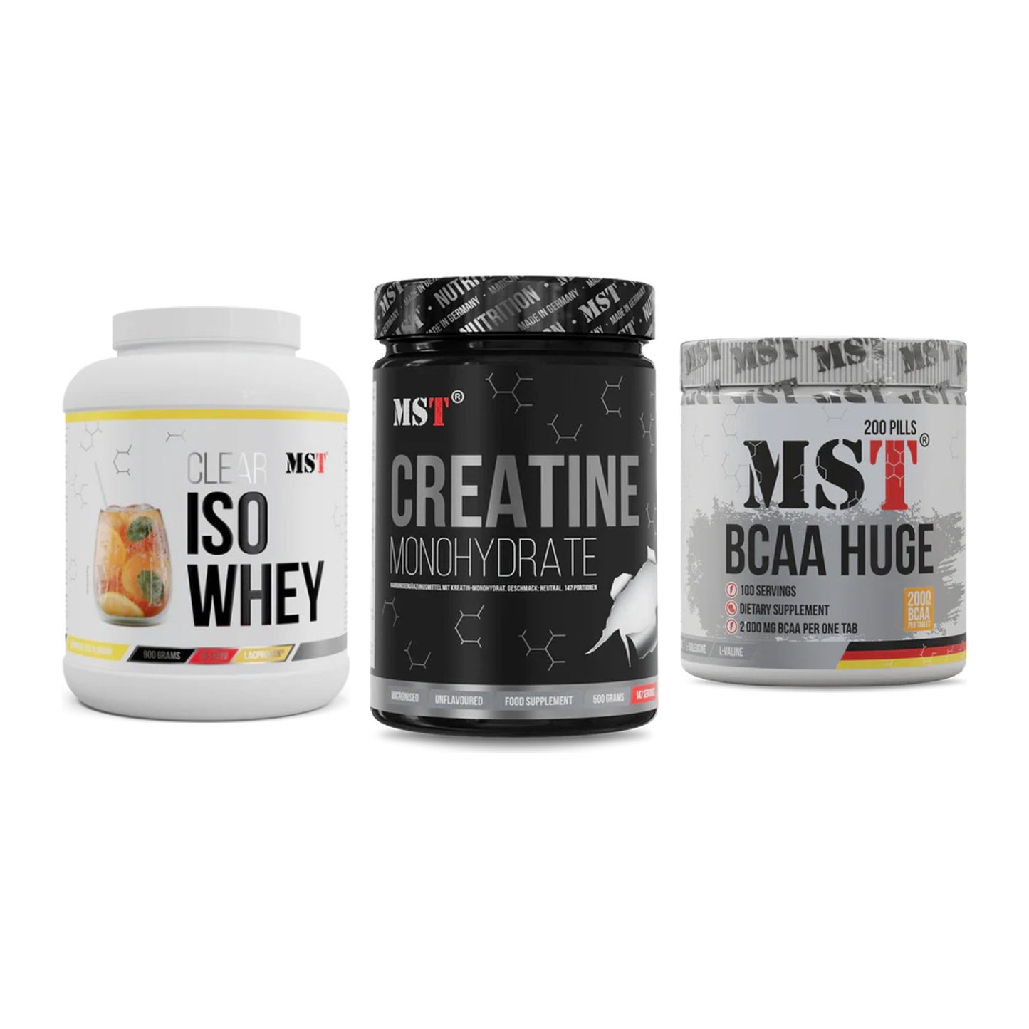 MST Marken-Trio: Iso Clear + Creatin Monohyd + BCAA Huge 200 – alle enthaltenen Artikel