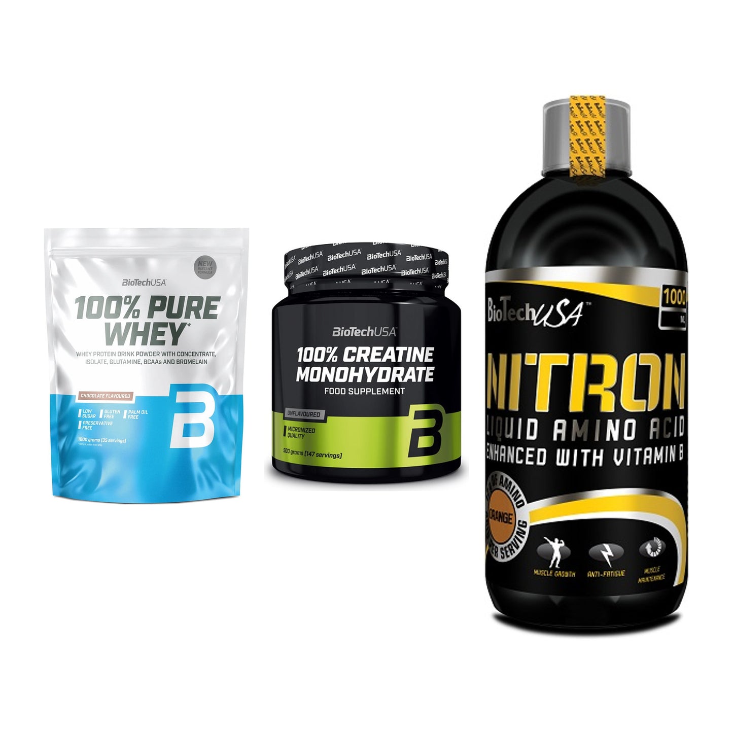 BioTech USA Marken-Trio: 100% Pure + Creatine + Liquid Amino – alle enthaltenen Artikel
