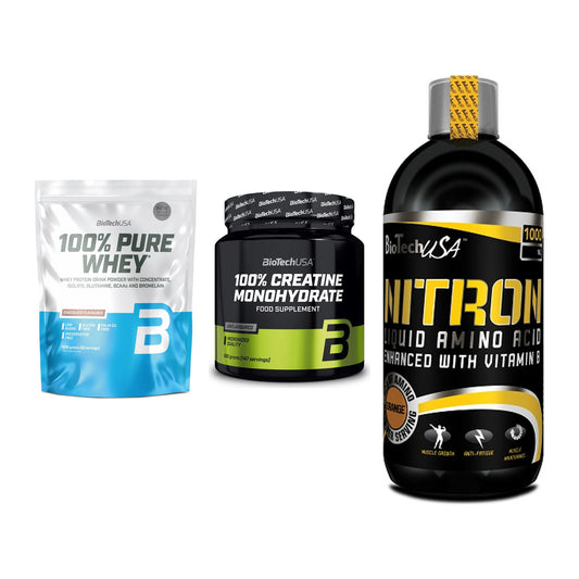 BioTech USA Marken-Trio: 100% Pure + Creatine + Liquid Amino – alle enthaltenen Artikel