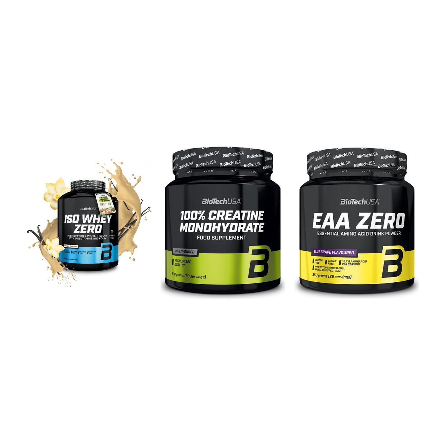 BioTech USA Marken-Trio: Iso Whey Zero + Creatine + EAA Zero 350g – alle enthaltenen Artikel