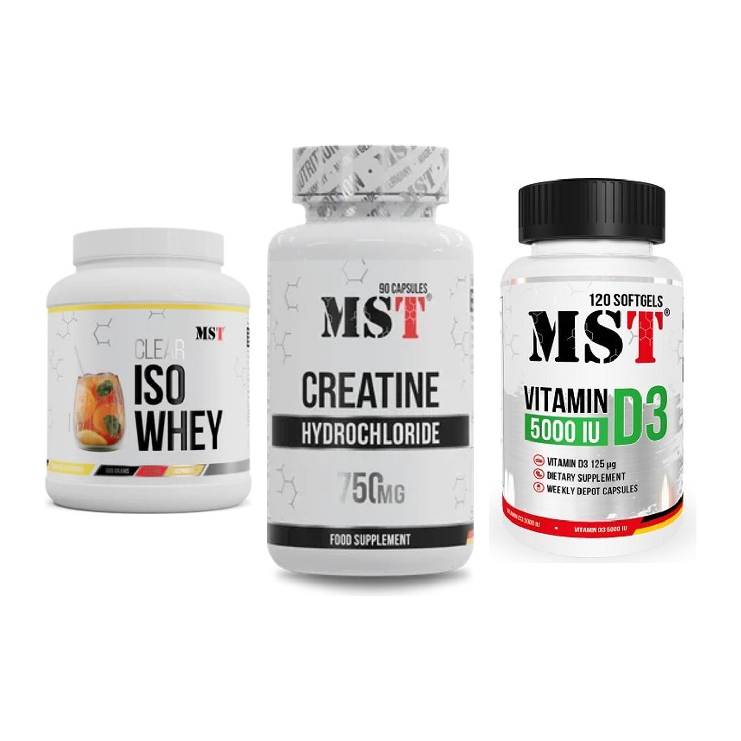 MST Marken-Trio: Iso Clear + Creatin HCL + Vitamin D3 – alle enthaltenen Artikel