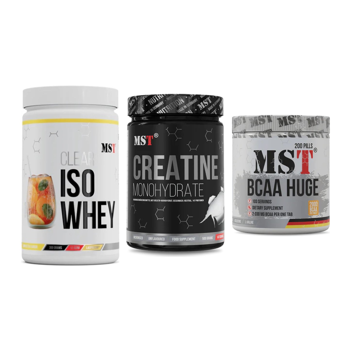 MST Marken-Trio: Iso Clear + Creatin Monohyd + BCAA Huge 200 – alle enthaltenen Artikel