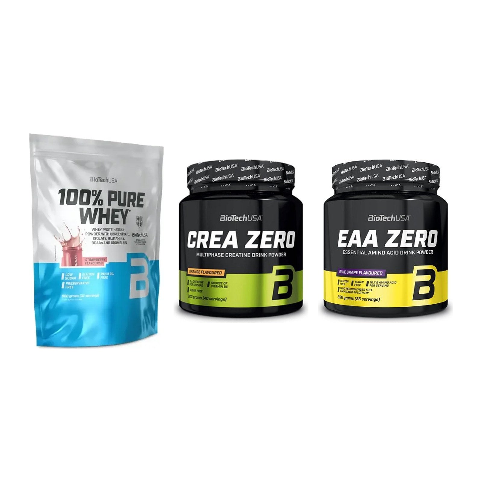 BioTech USA Marken-Trio: 100% Pure Whey + Crea Zero + EAA Zero – alle enthaltenen Artikel