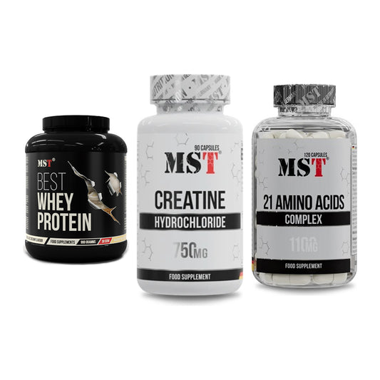 MST Marken-Trio: Best Whey Protein + Creatin HCL + 21 Amino Acids – alle enthaltenen Artikel