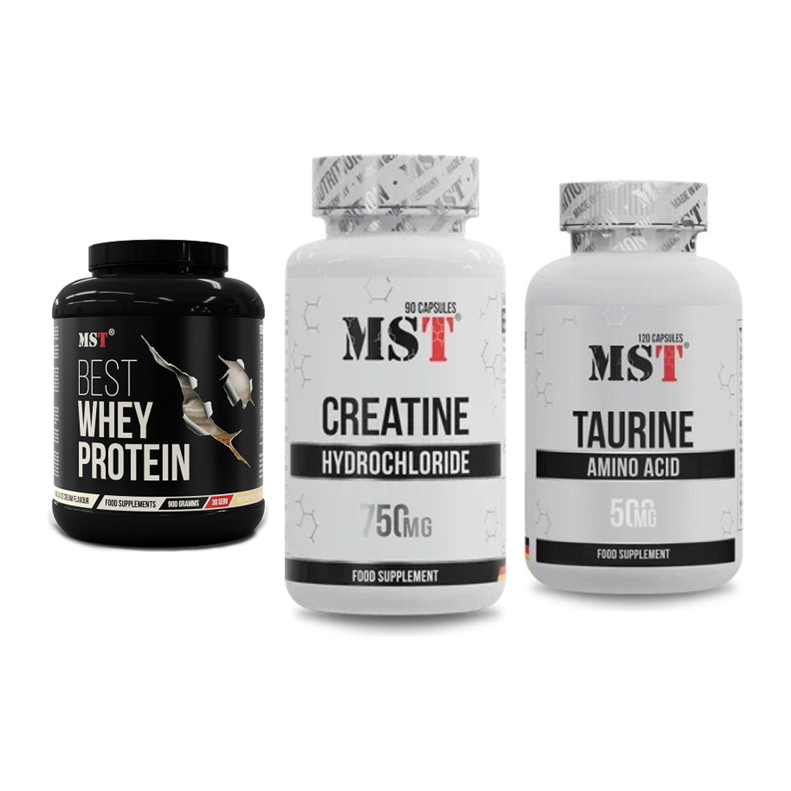 MST Marken-Trio: Best Whey Protein + Creatin HCL + Taurine – alle enthaltenen Artikel