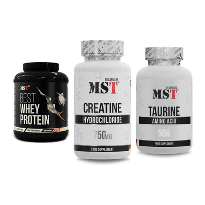 MST Marken-Trio: Best Whey Protein + Creatin HCL + Taurine – alle enthaltenen Artikel