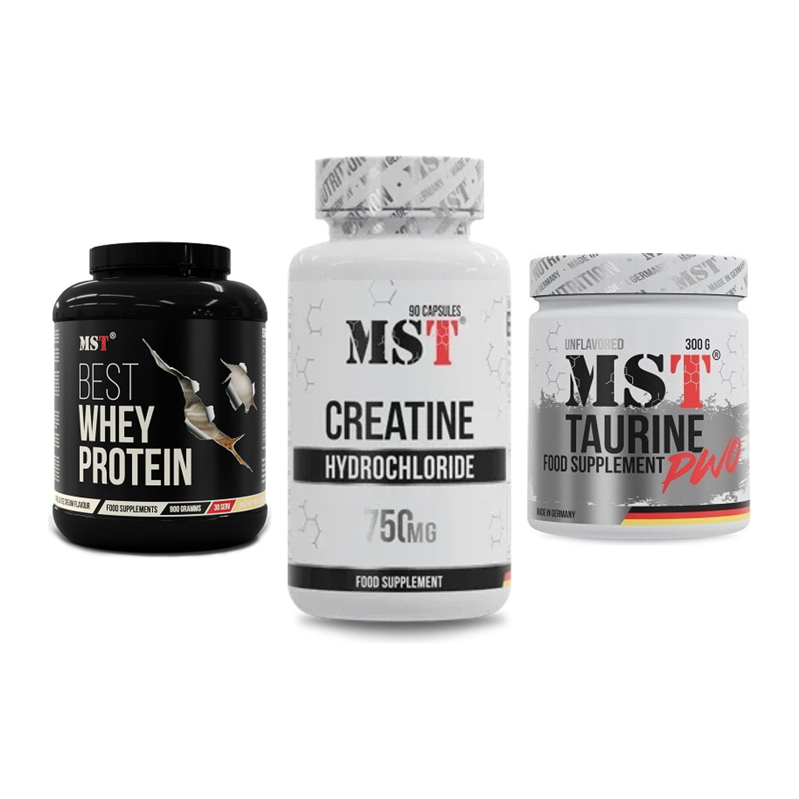MST Marken-Trio: Best Whey Protein + Creatin HCL + Taurine – alle enthaltenen Artikel