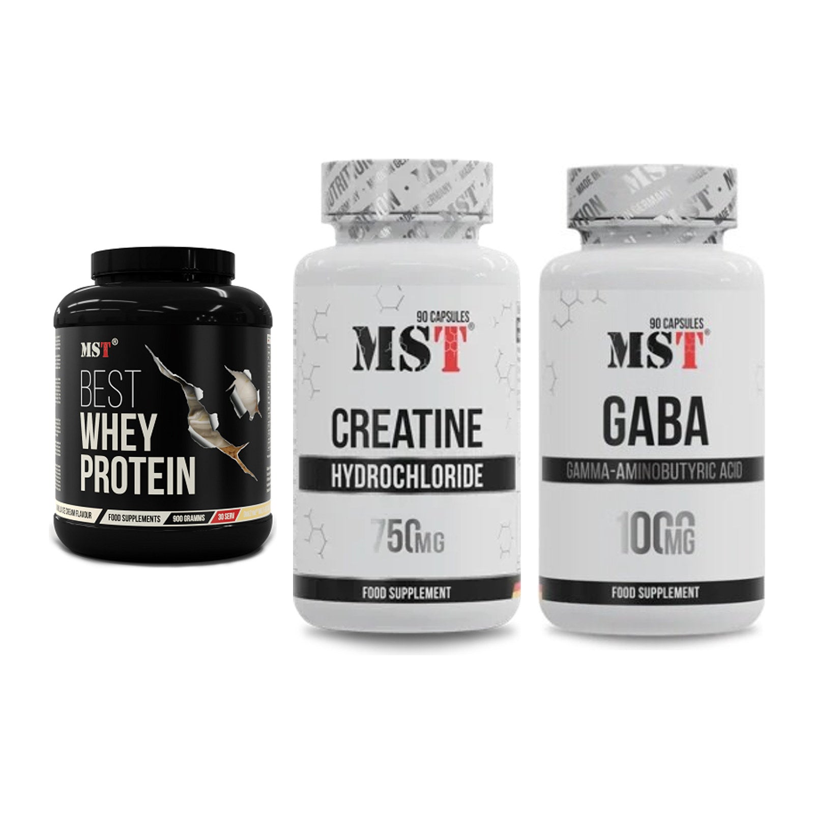 MST Marken-Trio: Best Whey Protein + Creatin HCL + GABA 1000mg – alle enthaltenen Artikel