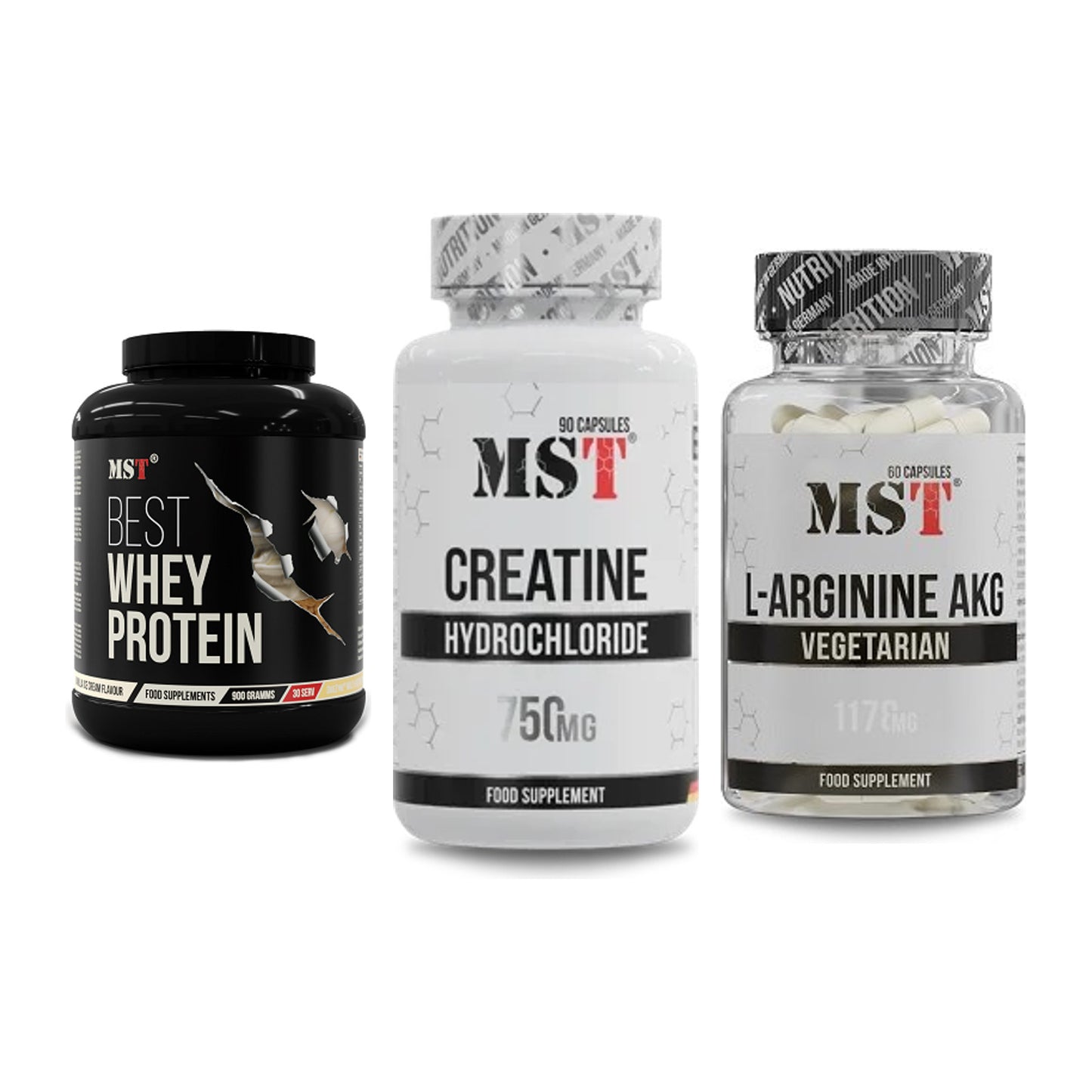 MST Marken-Trio: Best Whey Protein + Creatin HCL + Arginin AAKG 1178mg – alle enthaltenen Artikel