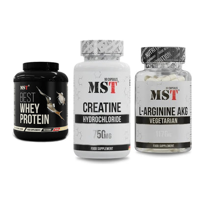 MST Marken-Trio: Best Whey Protein + Creatin HCL + Arginin AAKG 1178mg – alle enthaltenen Artikel