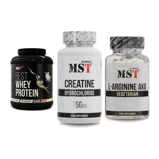 MST Marken-Trio: Best Whey Protein + Creatin HCL + Arginin AAKG 1178mg – alle enthaltenen Artikel