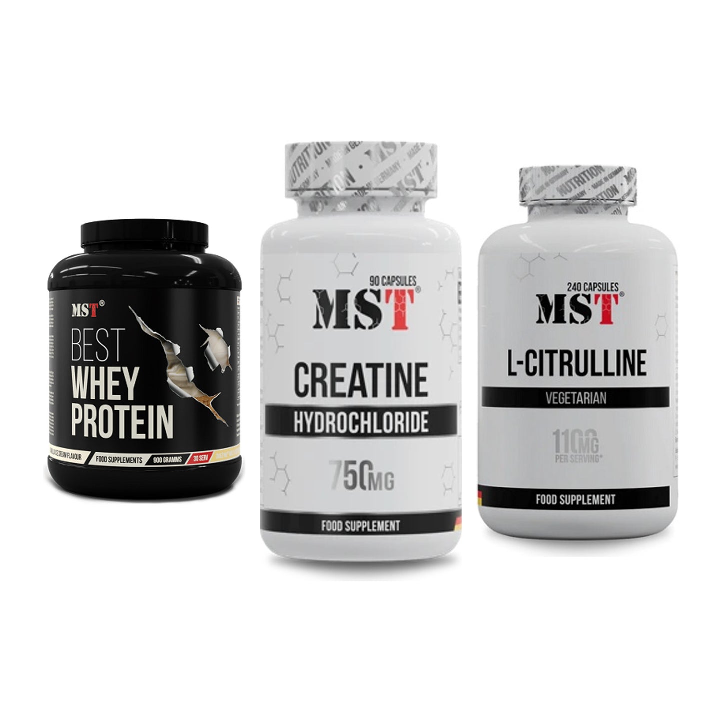 MST Marken-Trio: Best Whey Protein + Creatin HCL + Citrulline – alle enthaltenen Artikel