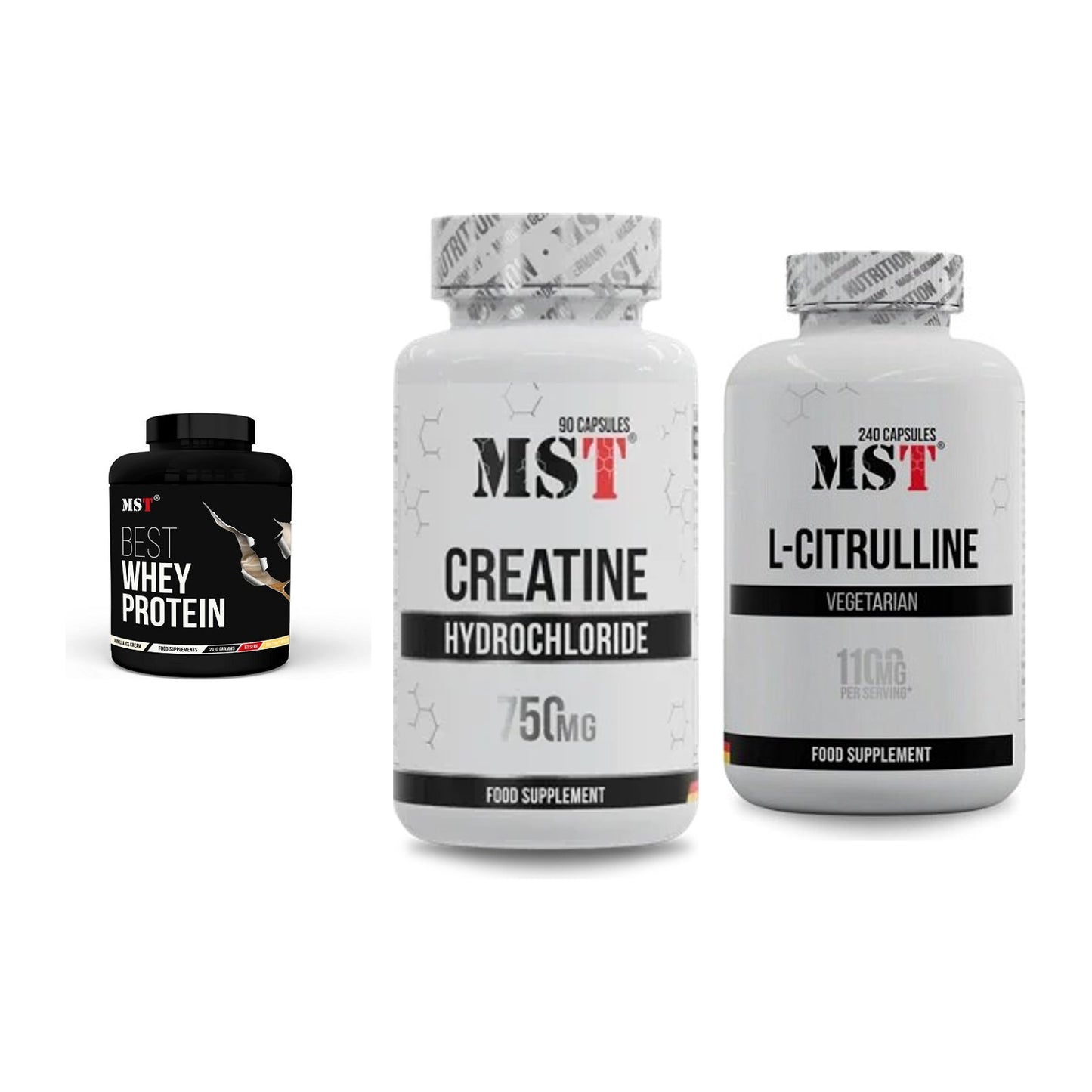 MST Marken-Trio: Best Whey Protein + Creatin HCL + Citrulline – alle enthaltenen Artikel
