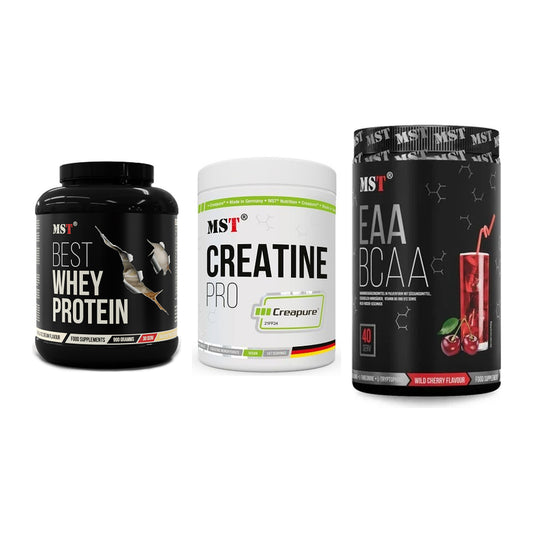 MST Marken-Trio: Best Whey Protein + Creatin Pro CREAPURE + EAA & BCAA – alle enthaltenen Artikel