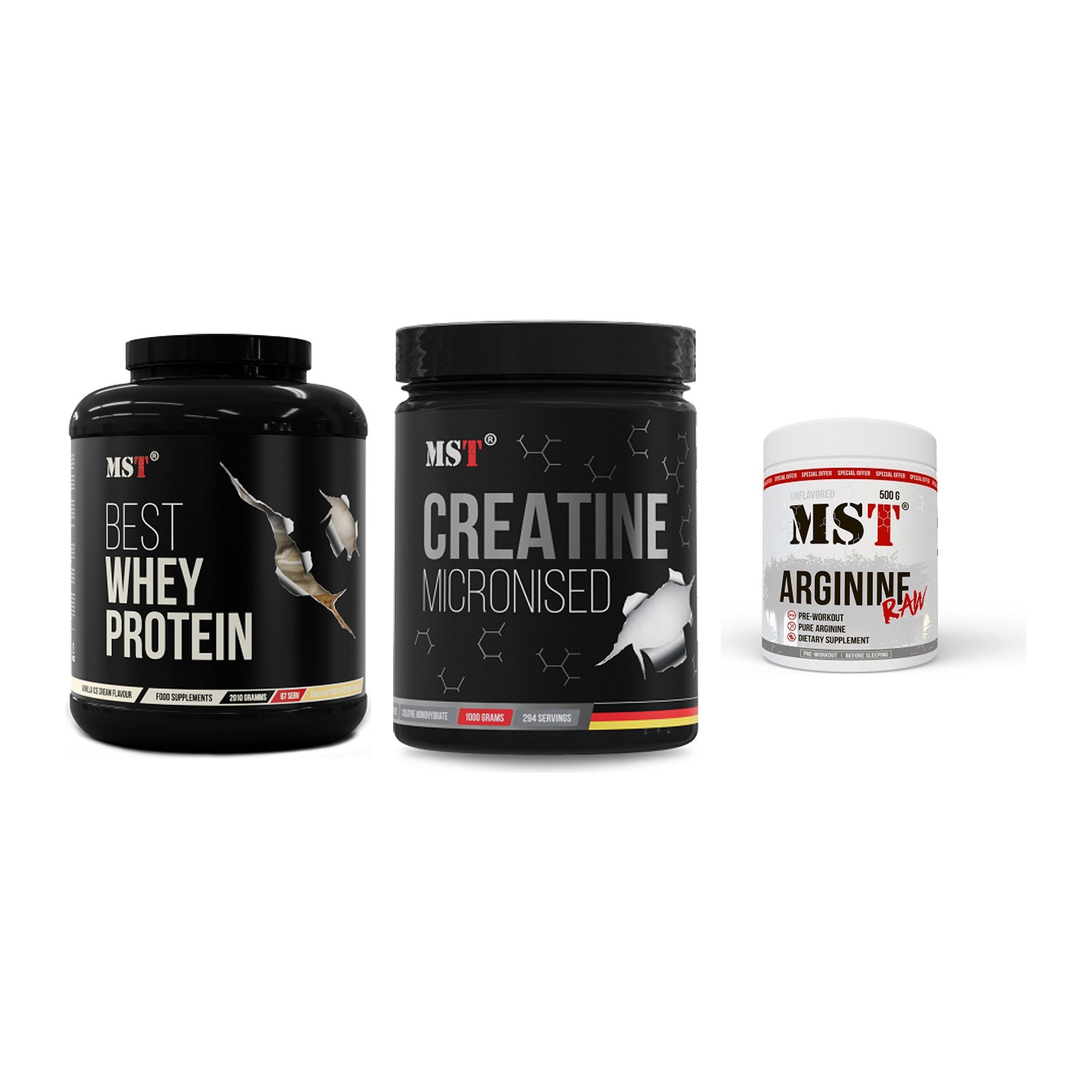 MST Marken-Trio: Best Whey + Creatin Monohyd + Arginine RAW – alle enthaltenen Artikel