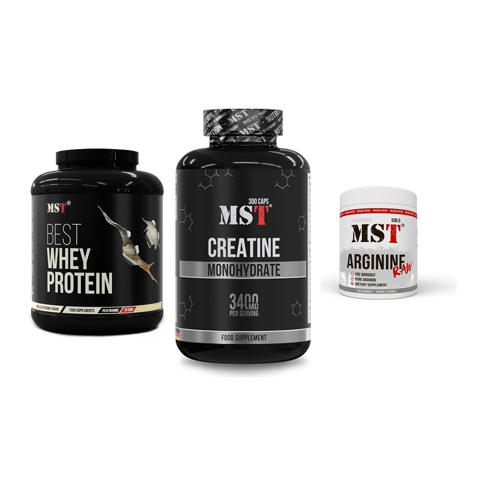 MST Marken-Trio: Best Whey + Creatine + Arginine RAW – alle enthaltenen Artikel