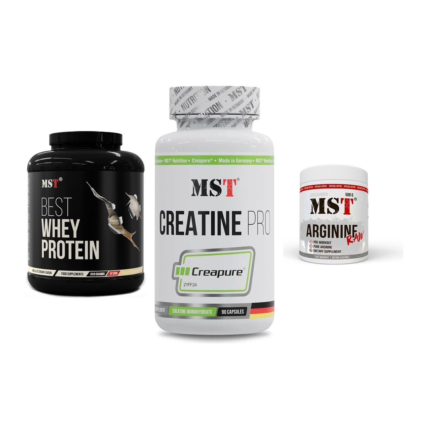 MST Marken-Trio: Best Whey + Creatine Pro + Arginine RAW – alle enthaltenen Artikel