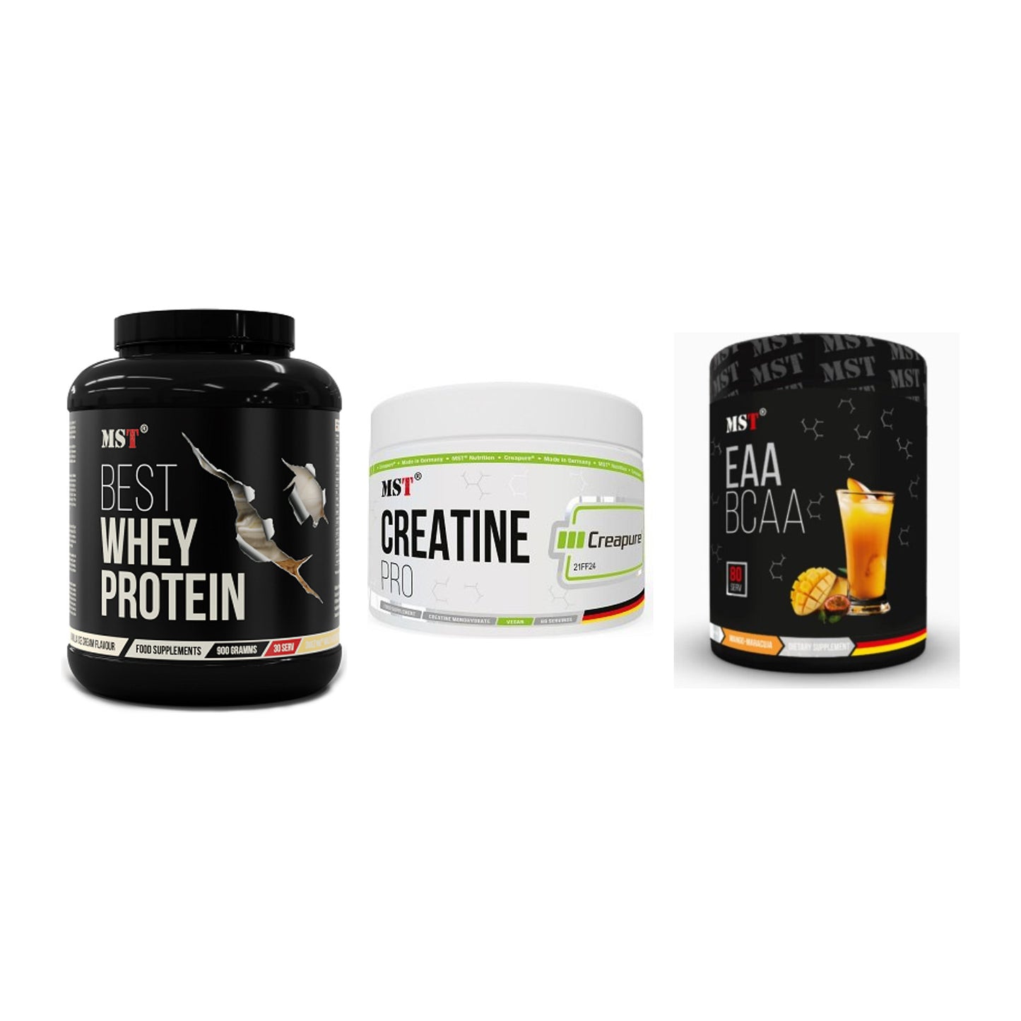 MST Marken-Trio: Best Whey Protein + Creatin Pro CREAPURE + EAA & BCAA – alle enthaltenen Artikel
