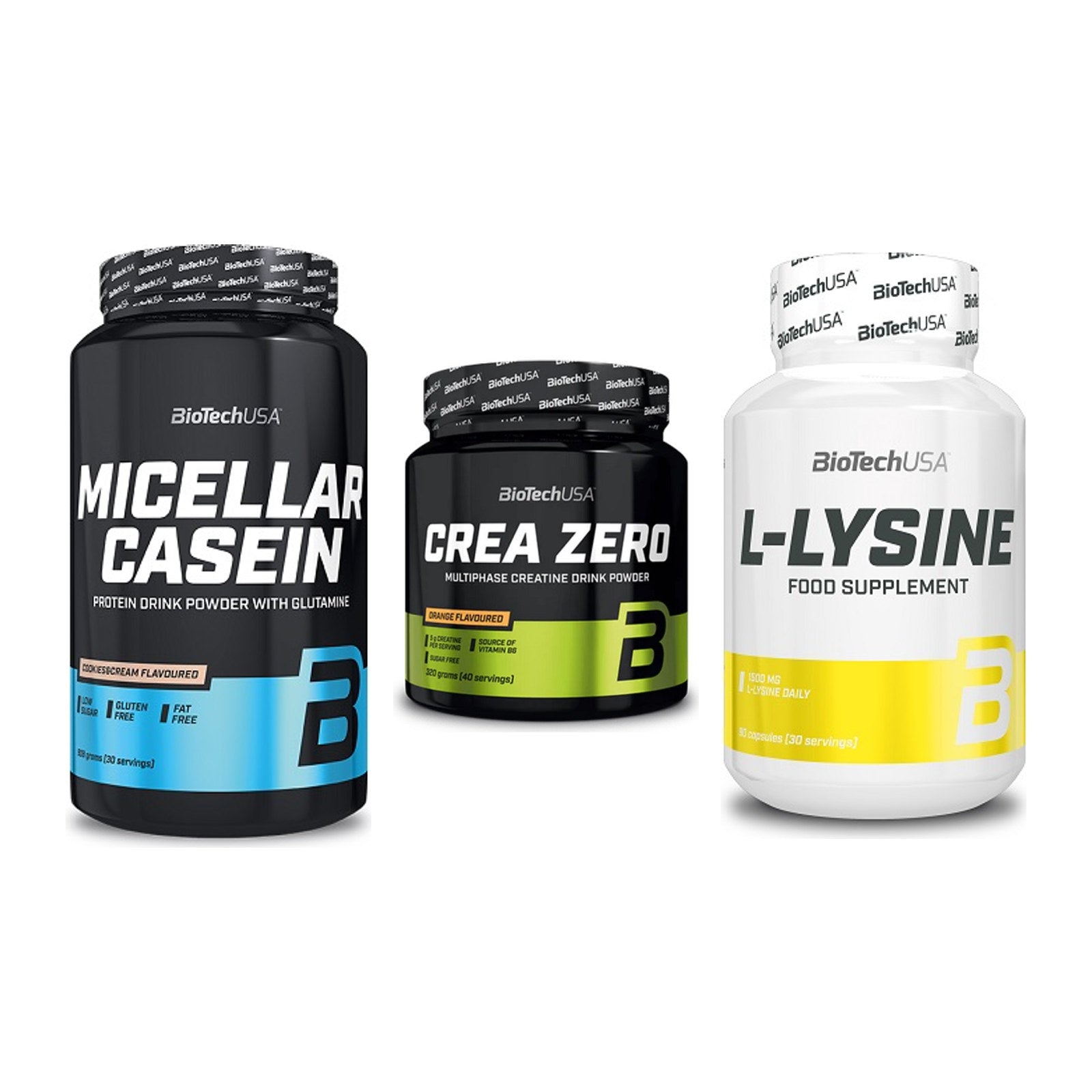 BioTech USA Marken-Trio: Micellar Casein + Crea Zero + L-Lysine – alle enthaltenen Artikel