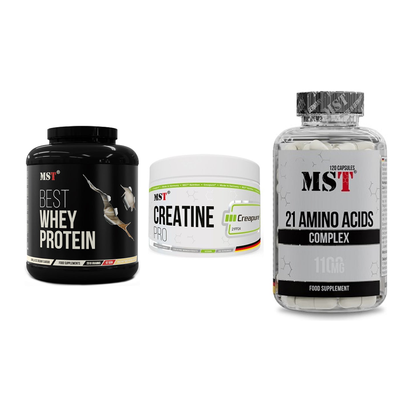 MST Marken-Trio: Best Whey + Creatin Pro + 21 Amino Acids – alle enthaltenen Artikel