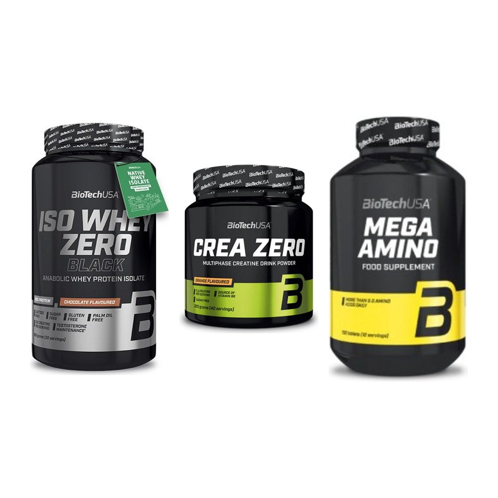 BioTech USA Marken-Trio: Iso Whey Zero Black + Crea Zero + Mega Amino – alle enthaltenen Artikel