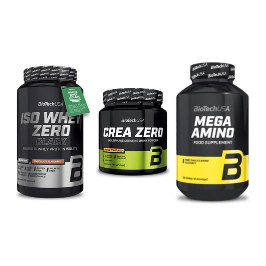 BioTech USA Marken-Trio: Iso Whey Zero Black + Crea Zero + Mega Amino – alle enthaltenen Artikel