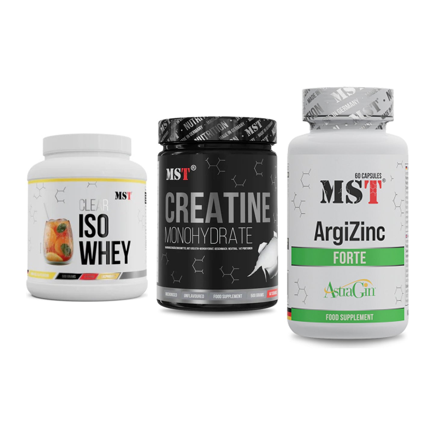MST Marken-Trio: Iso Clear + Creatin Monohydrate + ArgiZinc Forte – alle enthaltenen Artikel