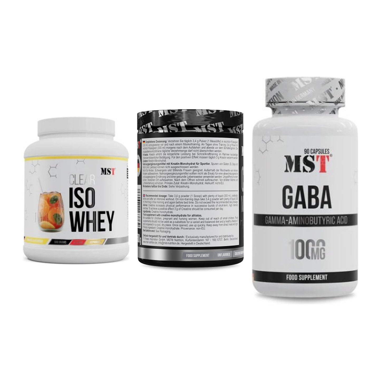 MST Marken-Trio: Iso Clear + Creatin Monohydrate + GABA 1000mg – alle enthaltenen Artikel