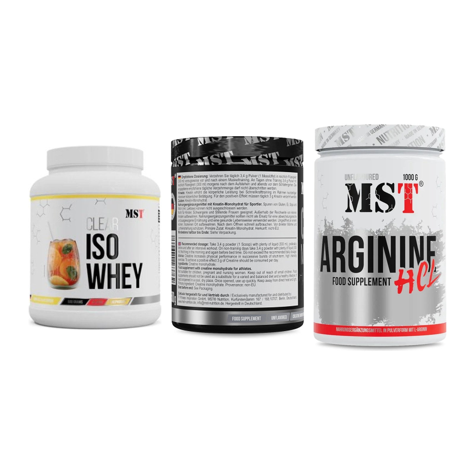 MST Marken-Trio: Iso Clear + Creatin Monohydrate + Arginine HCL – alle enthaltenen Artikel