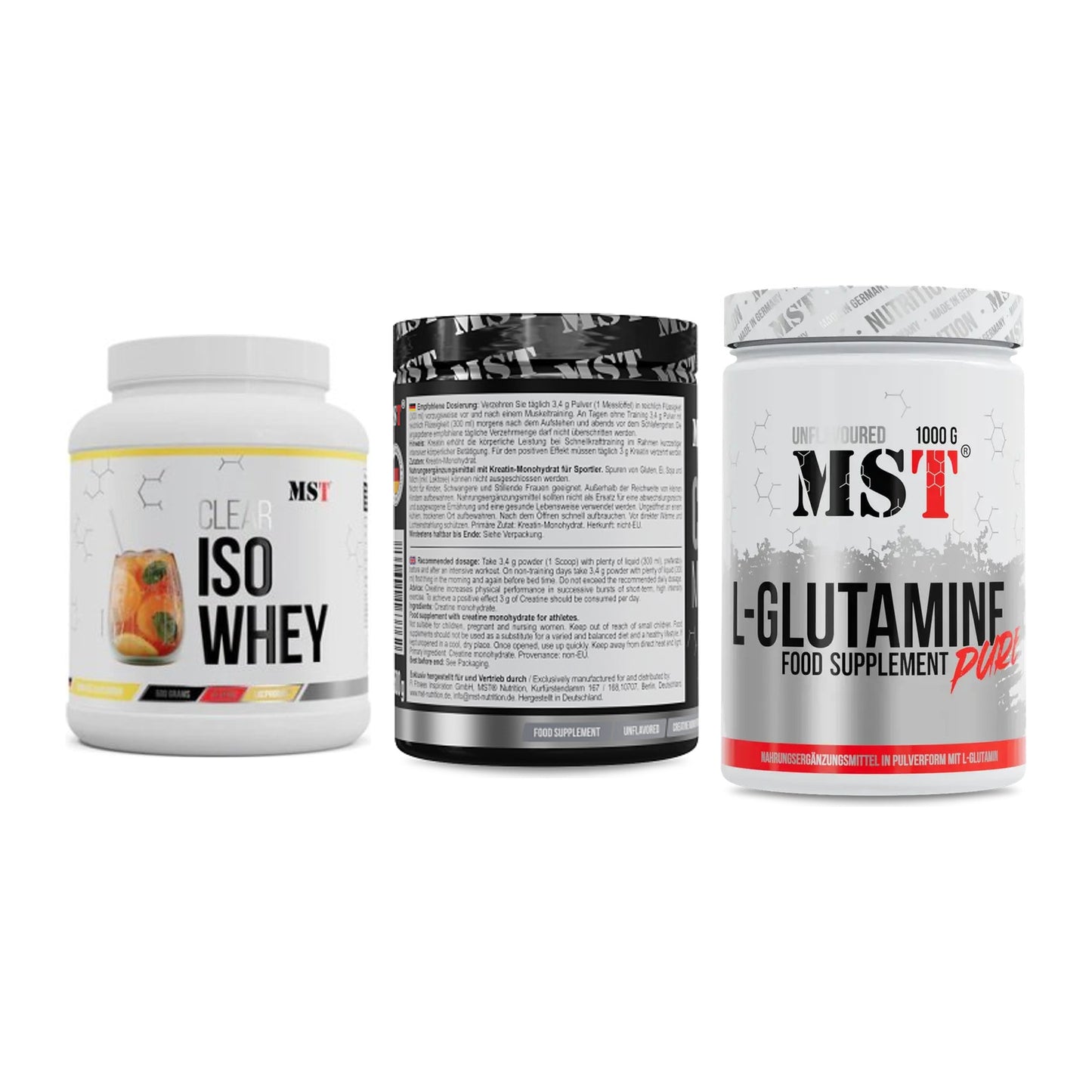 MST Marken-Trio: Iso Clear + Creatin Monohydrate + Glutamine – alle enthaltenen Artikel