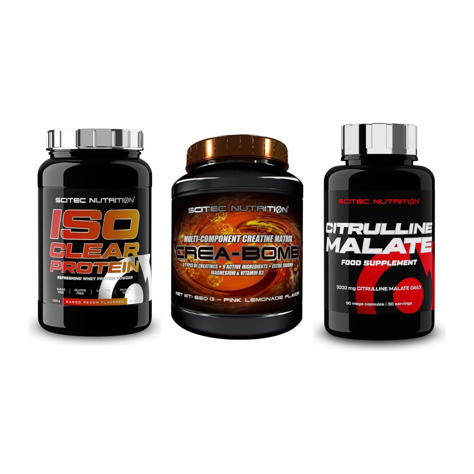Scitec Nutrition Marken-Trio: IsoClear Protein + Crea-Bomb + 1 weitere – alle enthaltenen Artikel