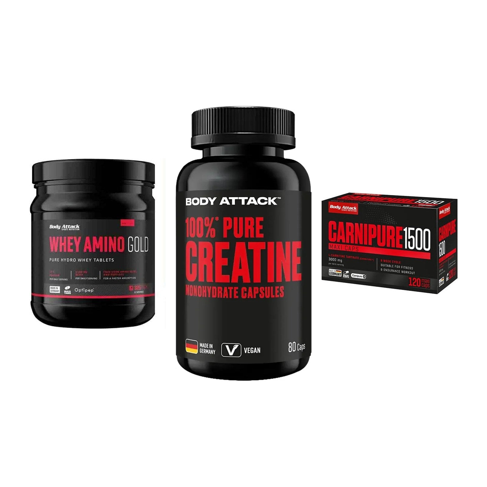 Body Attack Marken-Trio: Attack Whey + Attack 100% + Attack Carnip – alle enthaltenen Artikel