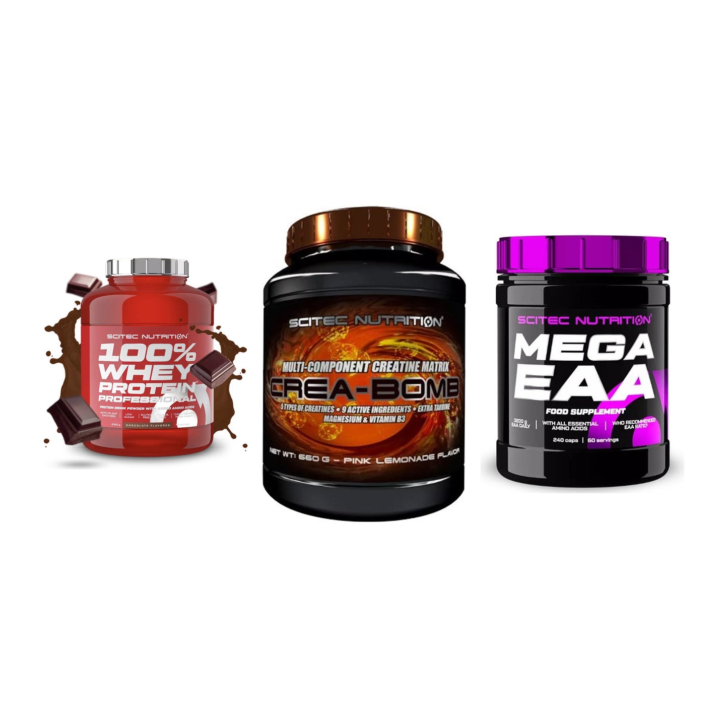 Scitec Nutrition Marken-Trio: 100% Whey + Crea-Bomb + 1 weitere – alle enthaltenen Artikel