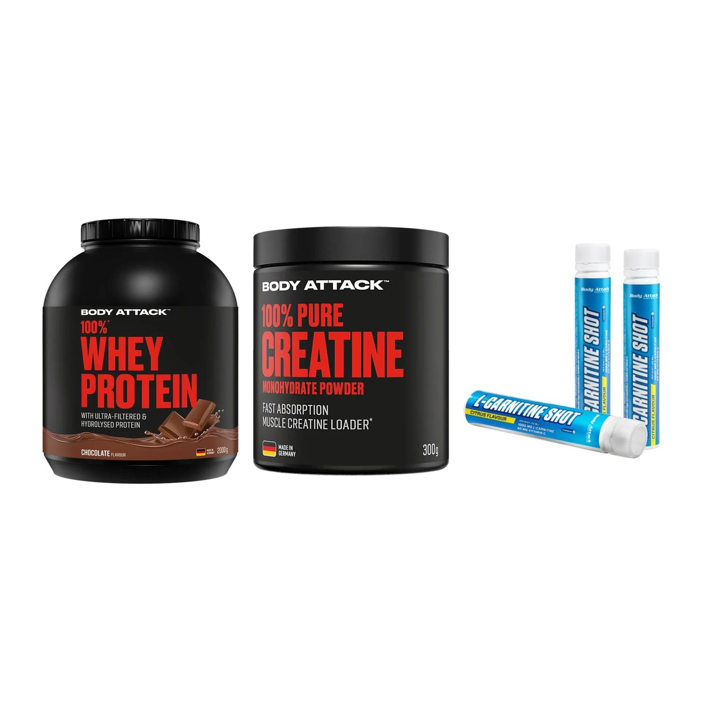 Body Attack Marken-Trio: Attack 100% Whey Protein + 2 weitere – alle enthaltenen Artikel