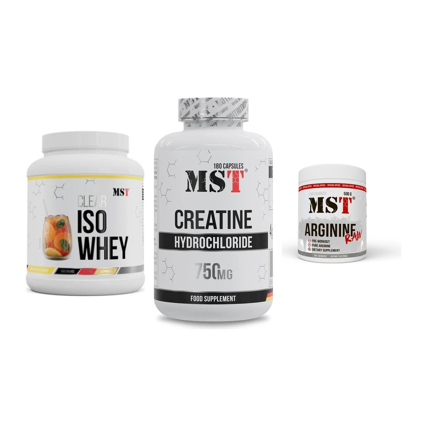 MST Marken-Trio: Iso Clear + Creatine HCL + Arginine RAW – alle enthaltenen Artikel