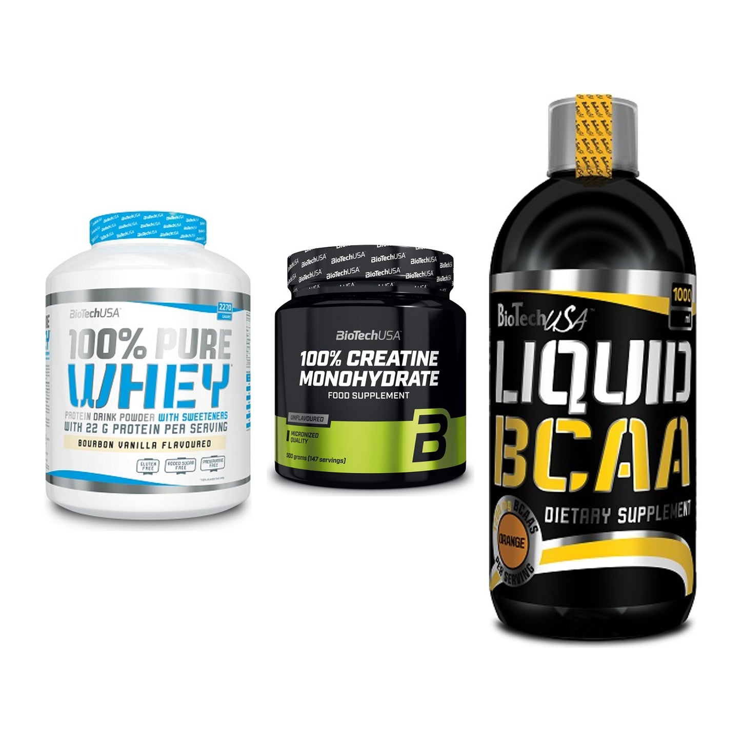 BioTech USA Marken-Trio: 100% Pure + Creatine + Liquid BCAA – alle enthaltenen Artikel