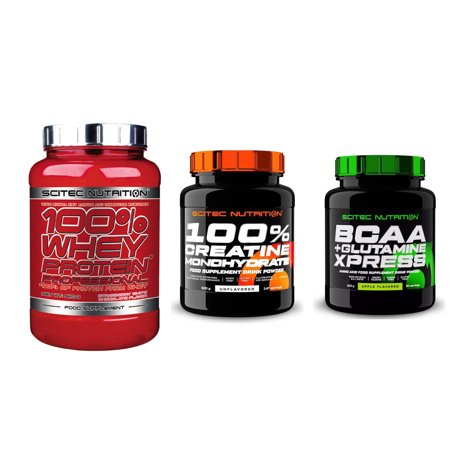 Scitec Nutrition Marken-Trio: 100% Whey + Creatine + 1 weitere – alle enthaltenen Artikel