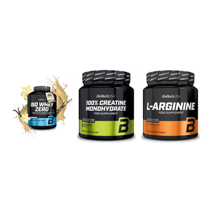 BioTech USA Marken-Trio: Iso Whey Zero + Creatine + L-Arginin – alle enthaltenen Artikel