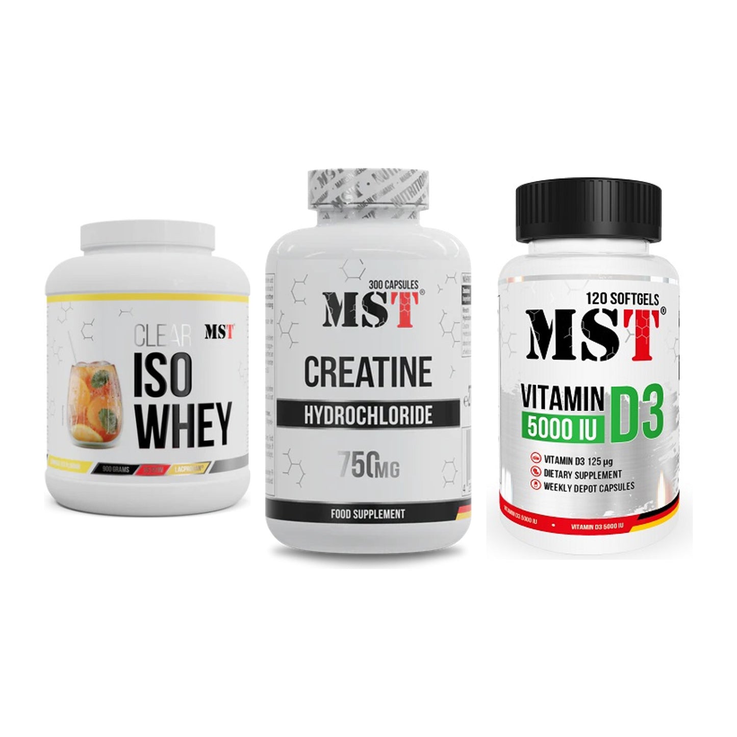 MST Marken-Trio: Iso Clear + Creatine HCL + Vitamin D3 – alle enthaltenen Artikel