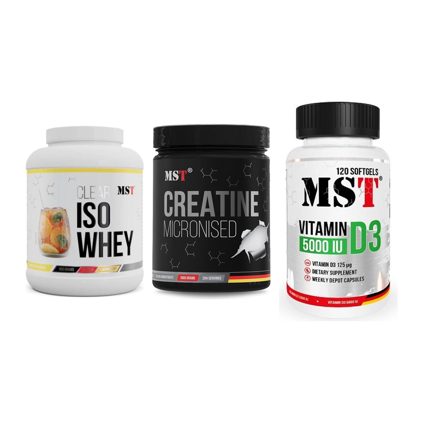 MST Marken-Trio: Iso Clear 900g + Creatin Monohyd + Vitamin D3 – alle enthaltenen Artikel