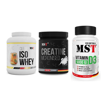 MST Marken-Trio: Iso Clear 900g + Creatin Monohyd + Vitamin D3 – alle enthaltenen Artikel