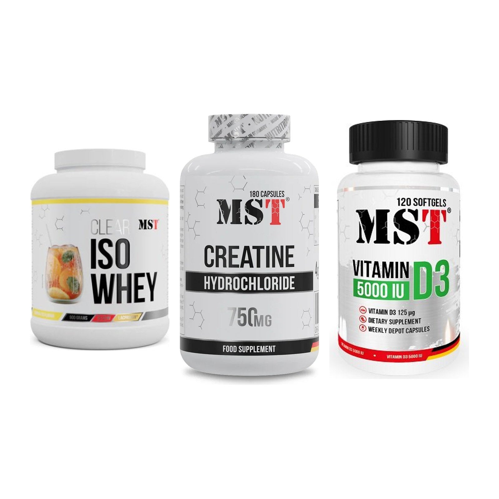 MST Marken-Trio: Iso Clear 900g + Creatine HCL + Vitamin D3 – alle enthaltenen Artikel