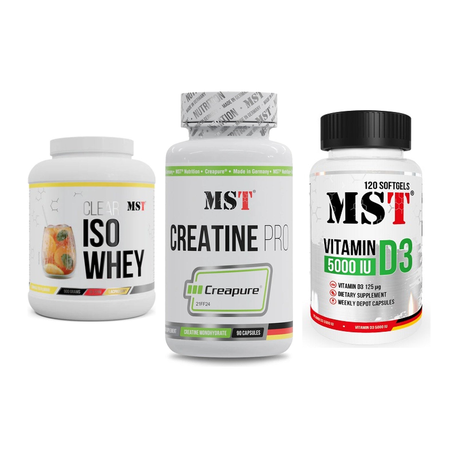 MST Marken-Trio: Iso Clear + Creatine Pro + Vitamin D3 – alle enthaltenen Artikel