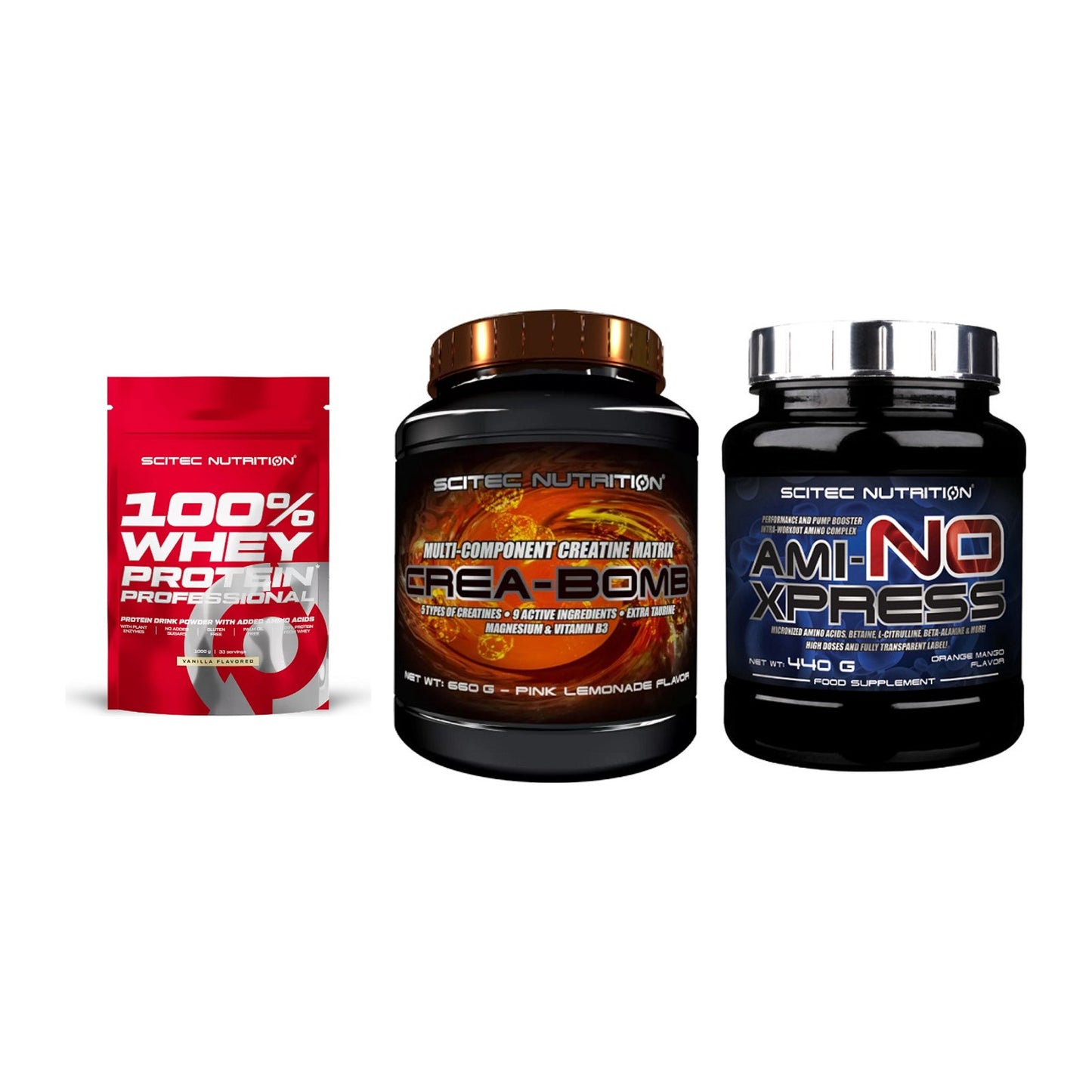 Scitec Nutrition Marken-Trio: 100% Whey + Crea-Bomb + 1 weitere – alle enthaltenen Artikel